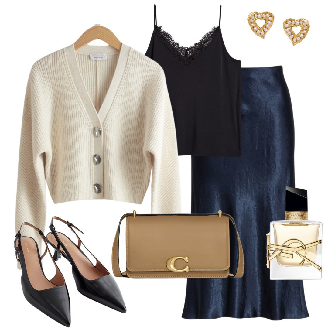 Navy satin slip skirt, slingbacks, leather bag, satin top, chic styling, elegant look, spring styling 

#LTKfindsunder100 #LTKworkwear #LTKshoecrush