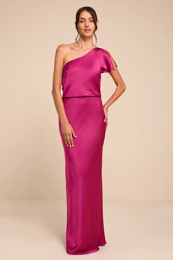 Tamaya Magenta Satin One-Shoulder Maxi Dress | Lulus