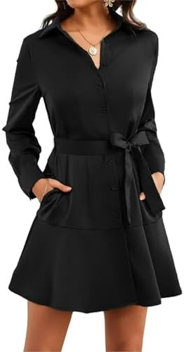 Women's Long Sleeve Collar Button Up Shirt Dress with Belt for Work | Amazon (US)