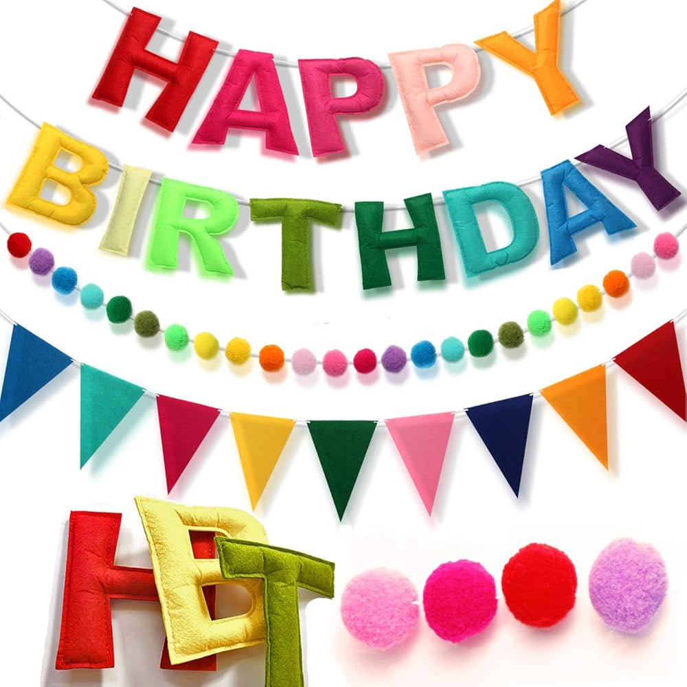 Pre-Strung Happy Birthday Banner, Felt Ball Garland HAPPY BIRTHDAY Garland, Rainbow Decorations D... | Amazon (US)
