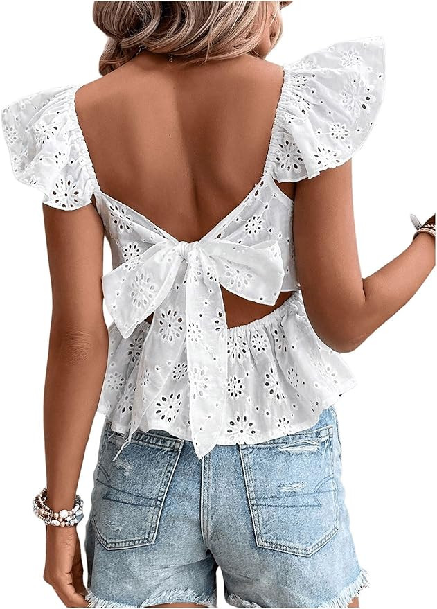 MakeMeChic Women's Tie Back Cap Sleeve Tops Square Neck Peplum Blouse Ruffle Eyelet Top | Amazon (US)
