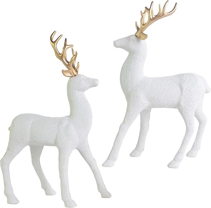 Redrubbit 12.6" Holiday Reindeer Decor, 2 Pcs Christmas Standing Deer Figurine with Gold Antler, ... | Amazon (US)