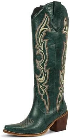 wetkiss Cowboy Boots for Women Knee High Cowgirl Boots with Chunky Low Heel and Pointed Toe, Wome... | Amazon (US)