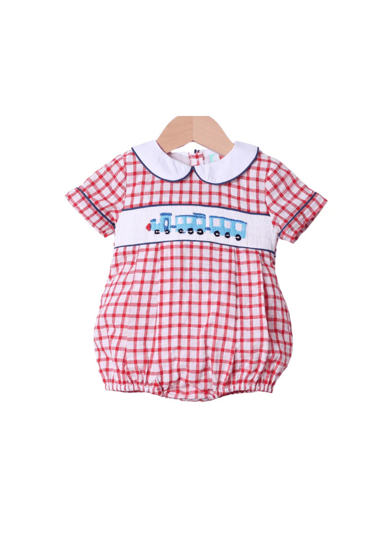 Smocked Train Red Windowpane Bubble | The Smocked Flamingo
