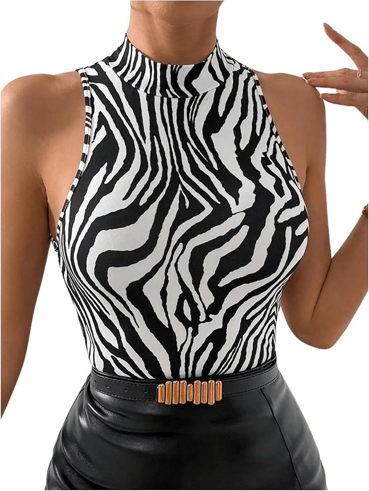 WDIRARA Women's Zebra Stripe Tank Top Sleeveless Mock Neck Tops Elegant Slim Fit Shirts | Amazon (US)