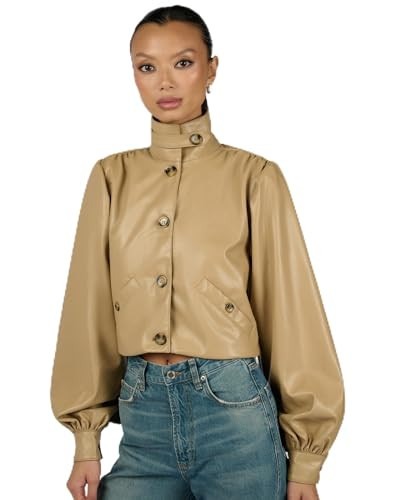 WEWOREWHAT Women's Balloon Sleeve Stand Collar Jacket, Taupe, Large | Amazon (US)