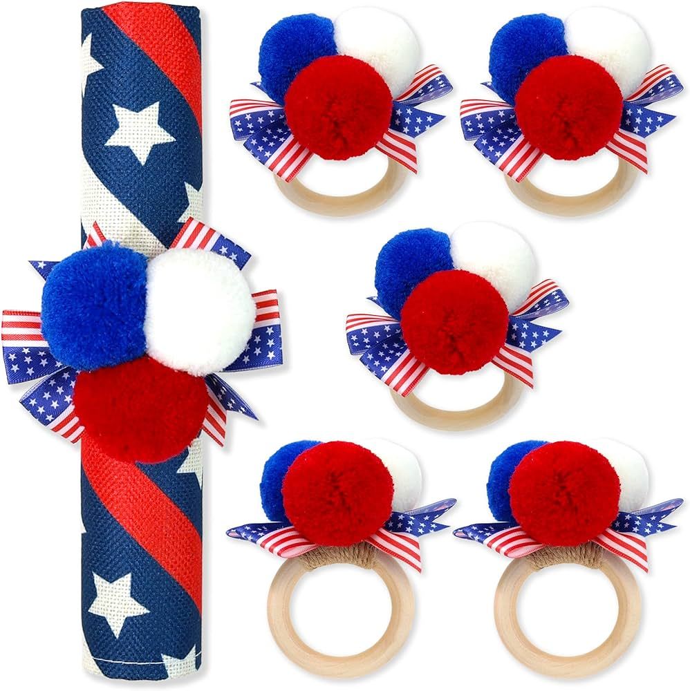 6PCS 4th of July Napkin Rings Patriotic Napkin Rings Holders Independence Day Serviette Rings Blu... | Amazon (US)