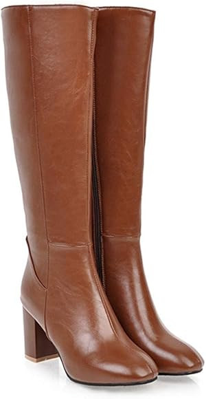 Riding Boots Women Knee High Boots Leather High Heel Block Heel Cowboy Boots Ladies Wide Calf Win... | Amazon (UK)