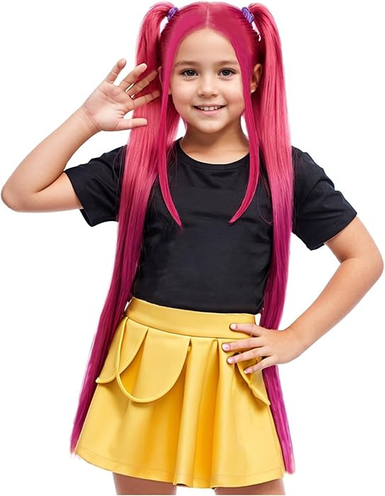 Hot Pink Wig for Kids Long Straight Pink Wig Child Megata Wigs Girls Neon Pink Synthetic Wigs | Amazon (US)