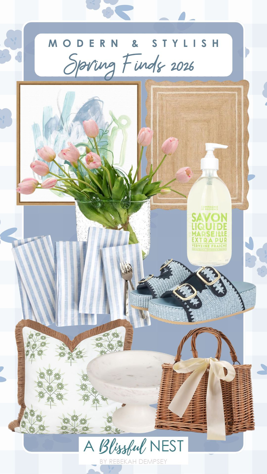 Fresh spring decor finds to brighten up your home for the season. Shop the pieces here.
marble footed pedestal bowl, artificial tulip flowers, blue platform sandals, scalloped natural jute rug, Savon de Marseille liquid soap, coastal outdoor throw pillow, straw beach bags, stripe linen dinner napkins, framed canvas wall art. 

 #LTKSeasonal #LTKHome