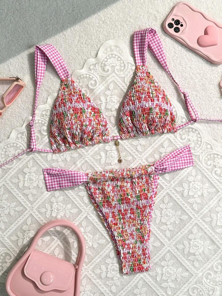 Swim Mod Women's Floral Printed Bikini Set With Sexy Bandeau Top And Split Bottom For Vacation (P... | SHEIN