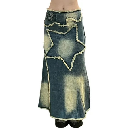 Nokpsedcb Women s Long Denim Maxi Skirt Star Print A-Line Pencil Denim Skirt Patchwork Stretch Jean  | Walmart (US)