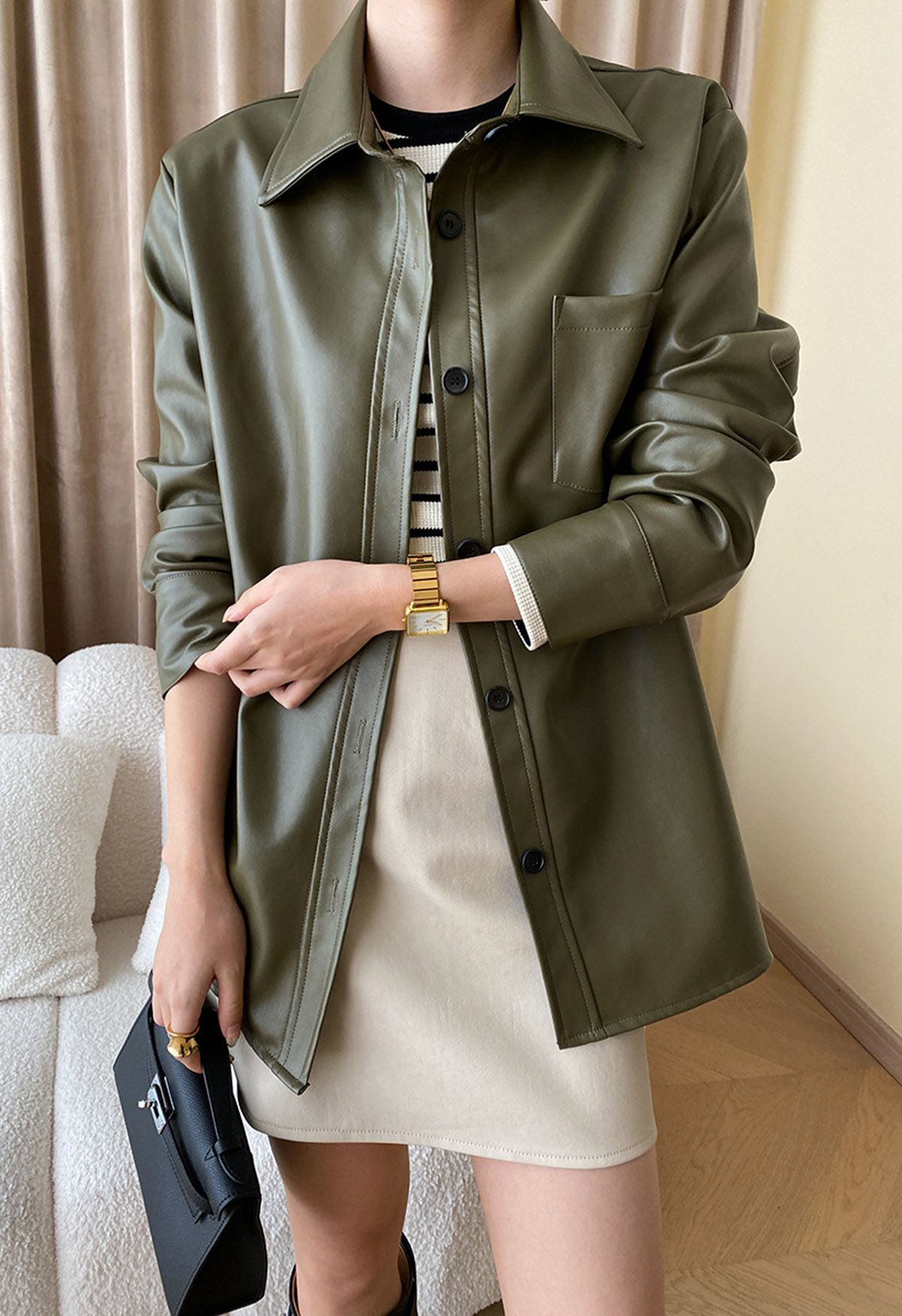 Casual Chic Faux Leather Shirt Jacket in Olive | Chicwish