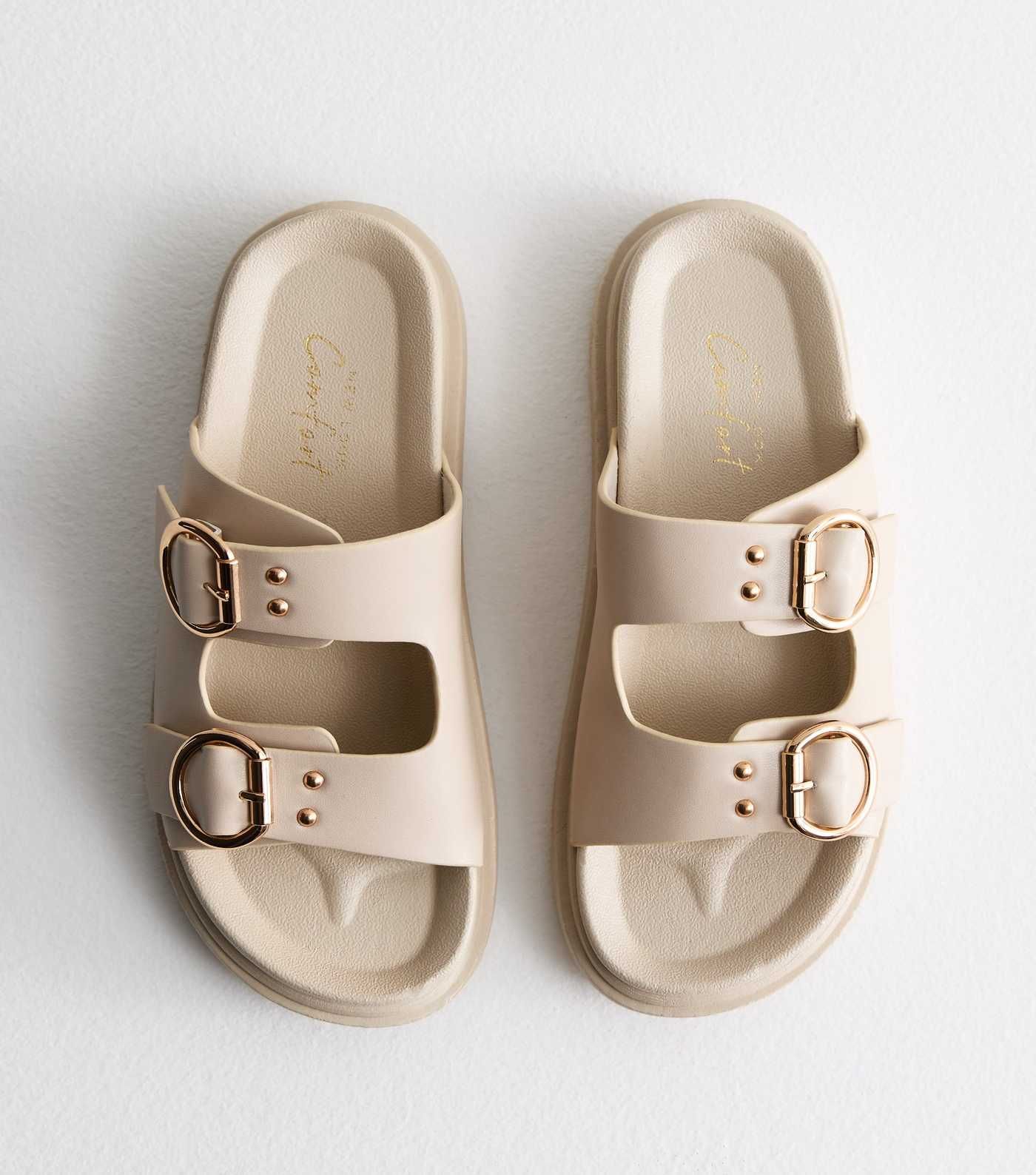 Off White Leather-Look Chunky Buckle Sliders | New Look | New Look (UK)