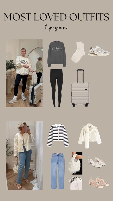 Outfit 1 - Airport outfit ideas, rotate Sunday cream sweatshirt, sweaty Betty black leggings, cream cashmere socks, new balance 9060 trainers, antler hand luggage suitcase.

Outfit 2 - Brunch outfit, blue jeans with heels, jeans dressed up! 90s high waist Straight leg jeans W28 reg length Cream jacket Size M

#LTKeurope #LTKstyletip #LTKSeasonal