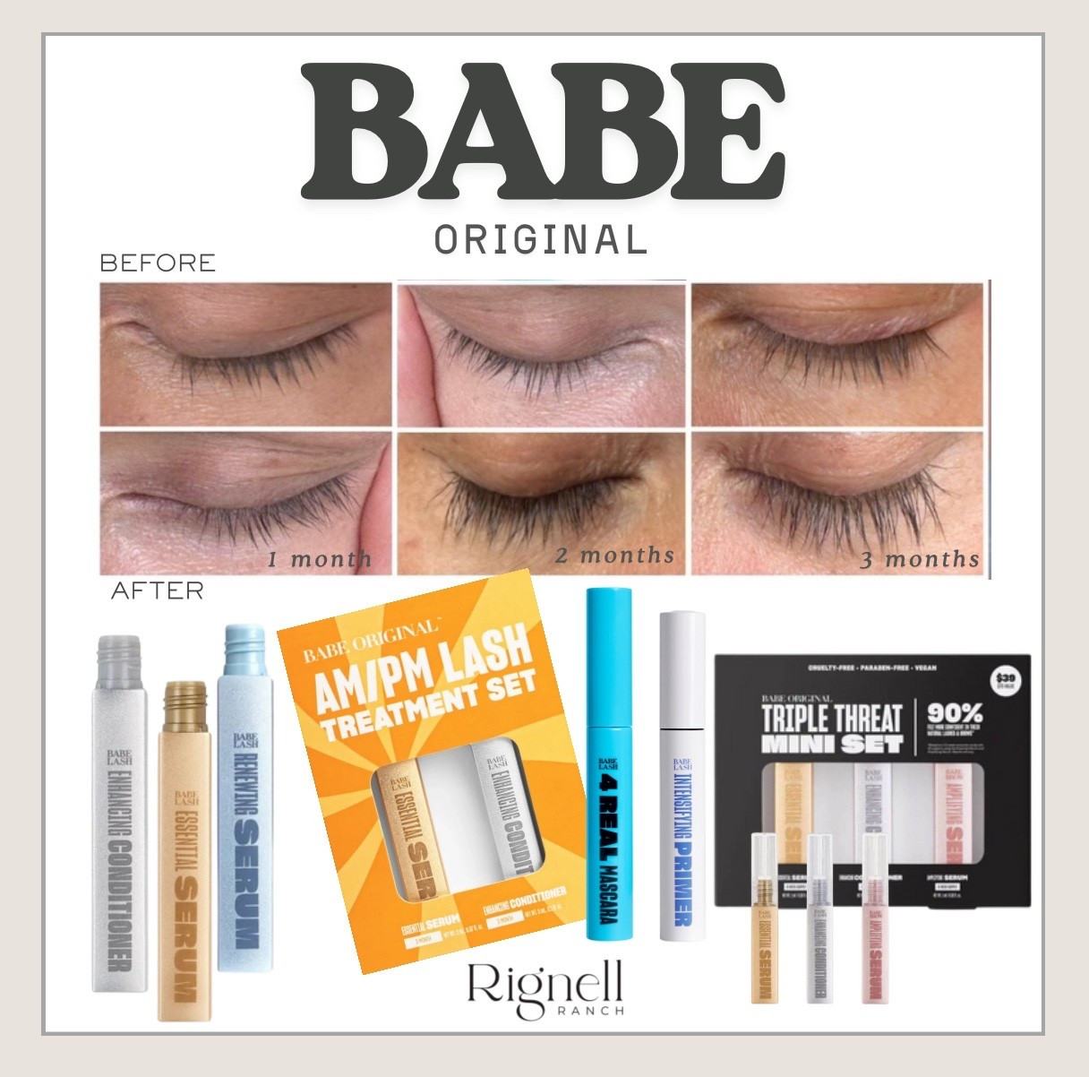 My favorites from @babeoriginal are 15% off using my code RIGNELL15 I have seen significant growth and thickness in my lashes since using their Essential Lash Serum - check out those before and afters! #BabePartner 

#LTKGiftGuide #LTKOver40 #LTKBeauty