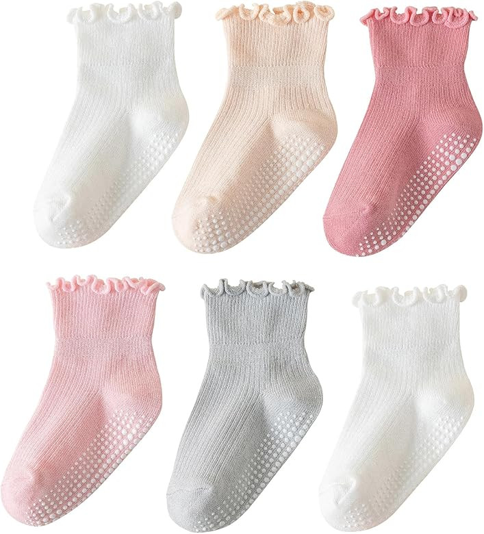 6 Pairs Toddler Ruffle Socks for Girls Baby Grip Socks Non Slip Socks Cute Grippy Frilly Socks | Amazon (US)