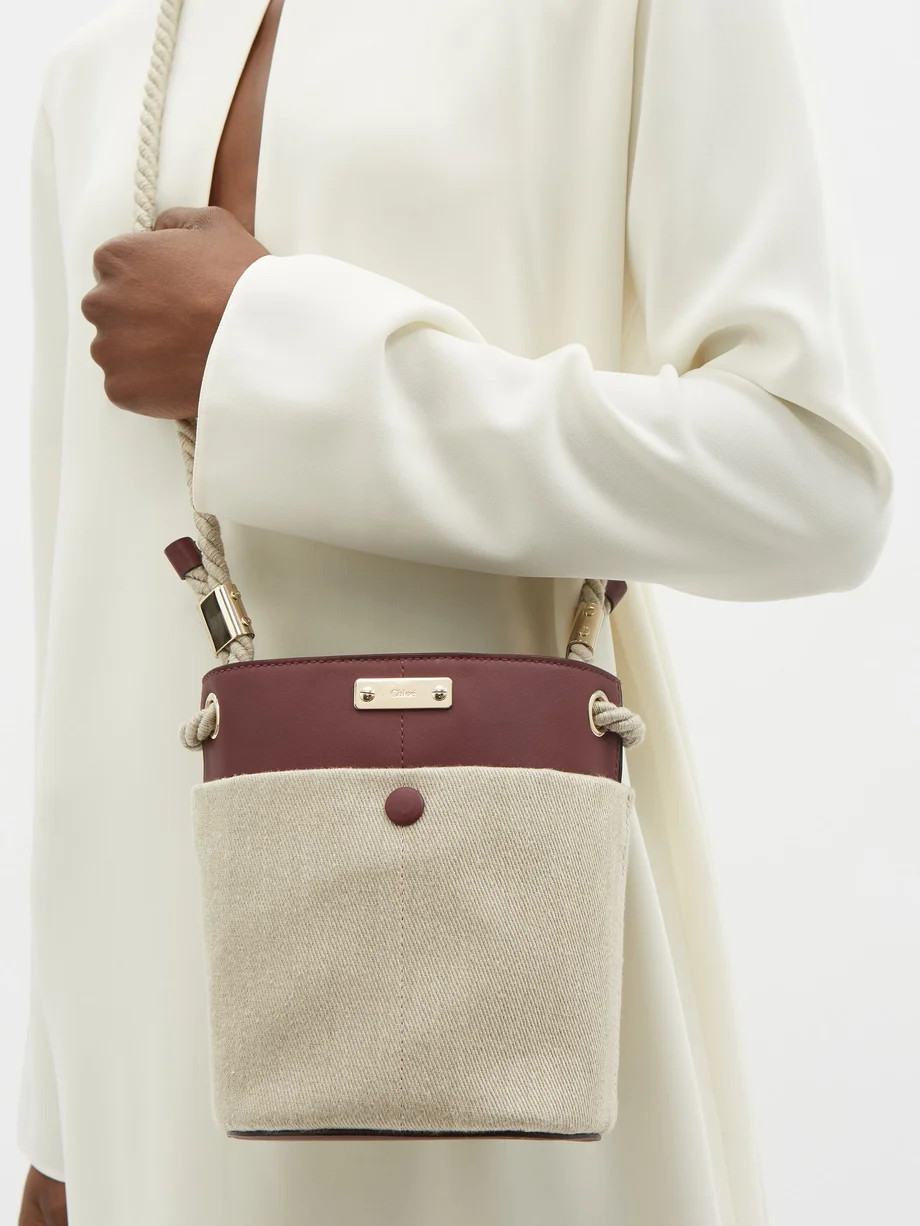 Logo-plaque linen-twill and leather bucket bag | Matches (UK)