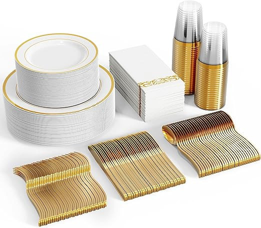 FOCUSLINE 350pcs Gold Dinnerware Set for 50 Guests, Gold Rimmed Plastic Plates Disposable Heavy D... | Amazon (US)