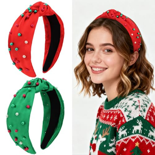 Wecoe 2pcs Christmas Knotted Headbands with Pearls - Red & Green Jeweled Headbands Fashion Elegant Wide Top Knot Hairband Holiday Hair Accessories for Women & Girls Gifts | Amazon (US)