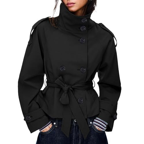 Maohao Women's Cropped Trench Coat Double Breasted Short Jacket High Collar Fall Winter Coats Trendy Outfit with Belt(Black,M) | Amazon (US)