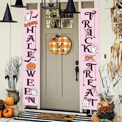 Halloween Decorations Outdoor Banners Pink Trick Or Treat Happy Halloween Hanging Banner For Front Door Porch Yard Halloween Party Decorations/Sign/Pa | Wayfair North America