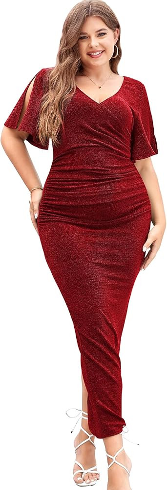 LALAGEN Womens Plus Size Glitter Wedding Guest Bodycon Maxi Dress Short Sleeve V Neck Ruched Slit... | Amazon (US)
