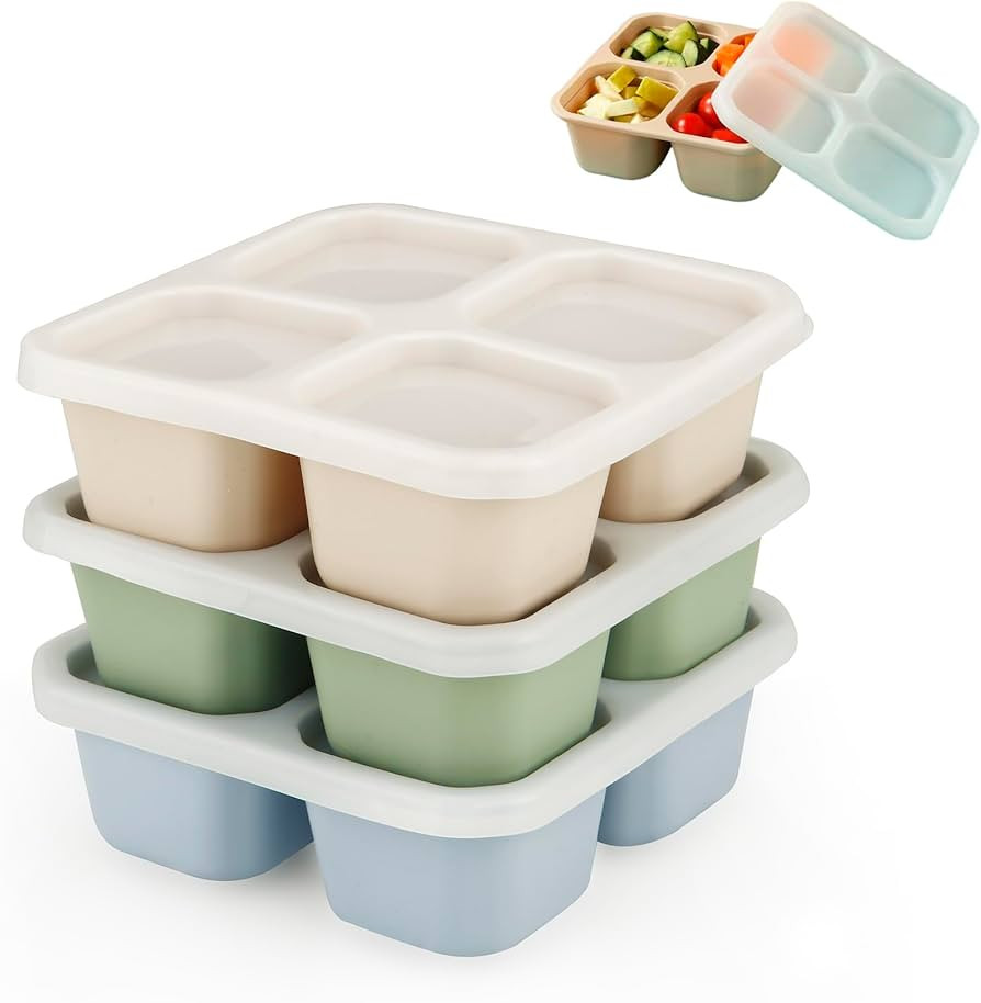 PandaEar 3 Pack Snack Containers, 4 Compartment Silicone Bento Lunch Snack Box with Lids, Reusabl... | Amazon (US)