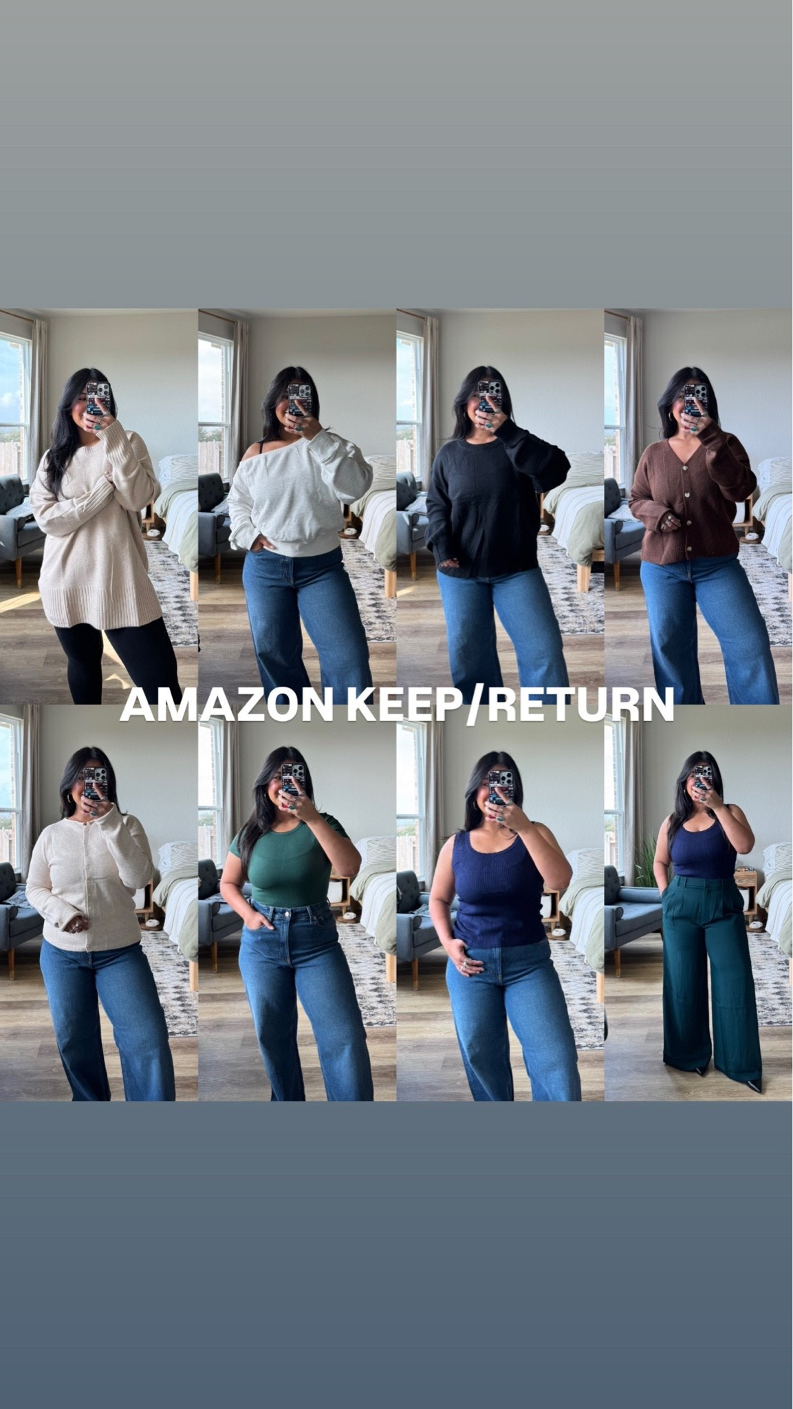 I’m 5’1” size 12, large // LONG BEIGE SWEATER: size L, shade light khaki // OFF THE SHOULDER SWEATER: size XL, shade grey // BLACK SWEATER: size L // BROWN CARDIGAN: size L, shade coffee // CREAM CARDIGAN: size M, shade almond // GREEN BODYSUIT: size L, shade deep green // BLUE TANK: size M, shade blue // GREEN PANTS: size L, shade dark green // jeans are also amazon and I’m wearing a 31 short // wearing a S/M in the black leggings