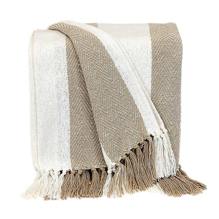 New! Beige Chalet Striped Fringe Throw | Kirkland's Home