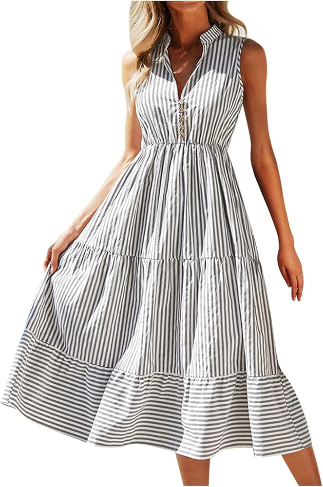 Casual Dress Summer Striped Womens Neck Collar Midi V Sleeveless Flowy Women's Dresses for Women Cas | Amazon (US)