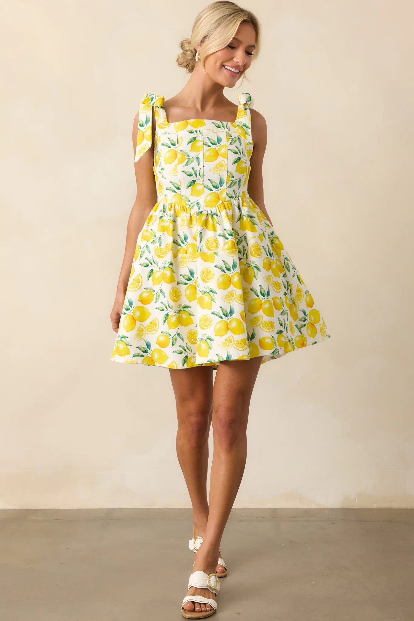 Sounds Like Fun Ivory Lemon Print Cotton Denim Mini Dress | Red Dress