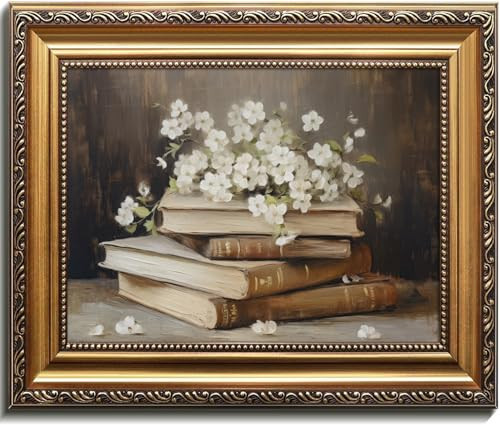 Kizbok Gold Framed Wall Art for Home Decor, Vintage Books and Flowers Canvas Prints Painting, Antique Vintage Floral Wall Decor for Light Academia Cottage Room Decor, Aesthetic Bedroom Framed Art Picture for Living Room Bathroom Gallery Shelf Decoration - 9x12inch | Amazon (US)