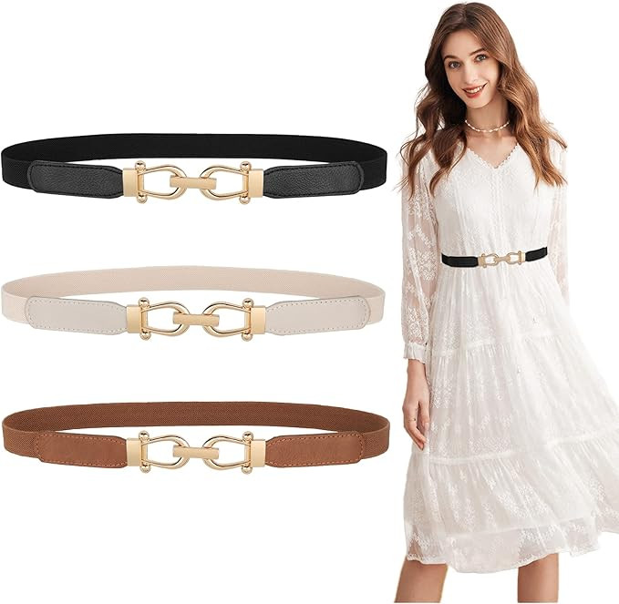 JASGOOD Women Skinny Elastic Belt for Dresses,Thin Retro Stretch Waist Belt with Golden Buckle | Amazon (US)