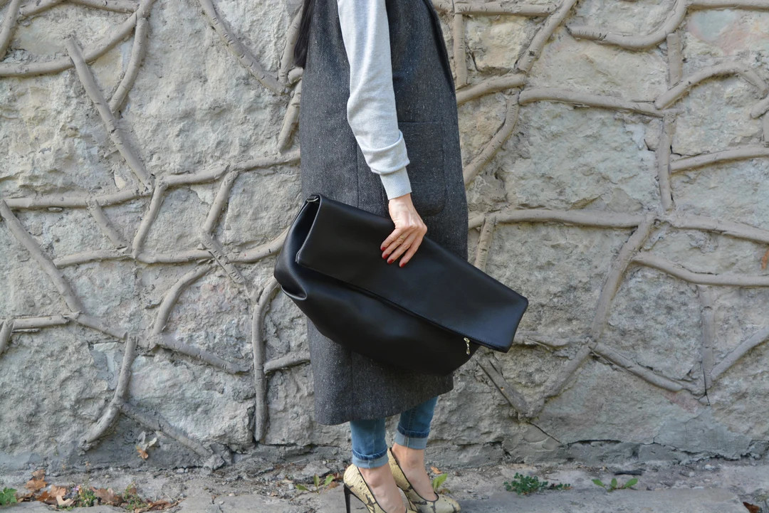 Oversized Black Leather Clutch Bag, Removable Shoulder Strap | Etsy (Global)