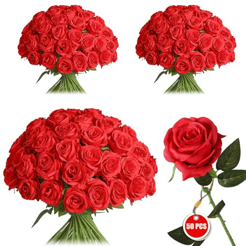 FLORRALIA 50PCS Artificial Silk Roses Flowers – Realistic Fake Roses in Bulk & Bouquet Long Stem Red Rose for Wedding Centerpieces, Home Decor, Floral Arrangements, Party Decoration (Red) | Amazon (US)
