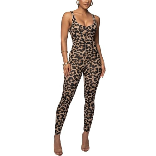 HKWZYY Leopard Print One Piece Jumpsuits for Women Elegant Bodycon Rompers Sexy Club Workout Full Bodysuit (23310 leopard, L) | Amazon (US)