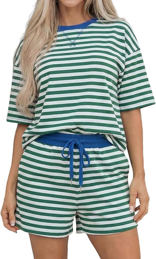 KevaMolly Womens Striped Drop Shoulder Boxy Casual Terry Short Set 2 Piece Soft Breathable Lounge... | Amazon (US)