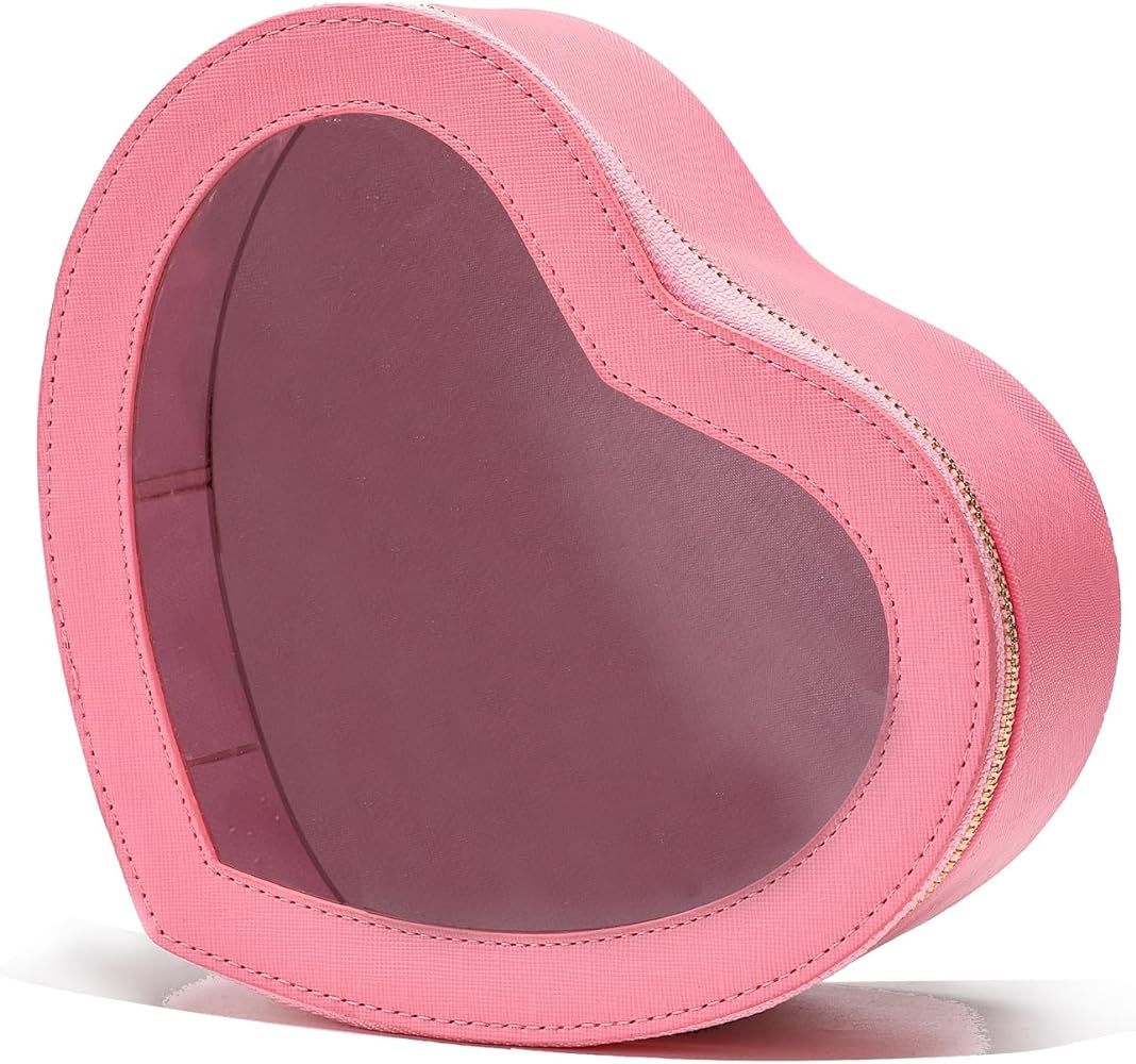 Saikaspotts Pink Heart Makeup Bag-Heart Shaped Valentine Day Gift for Her,Pink Clear Top Open Cos... | Amazon (US)