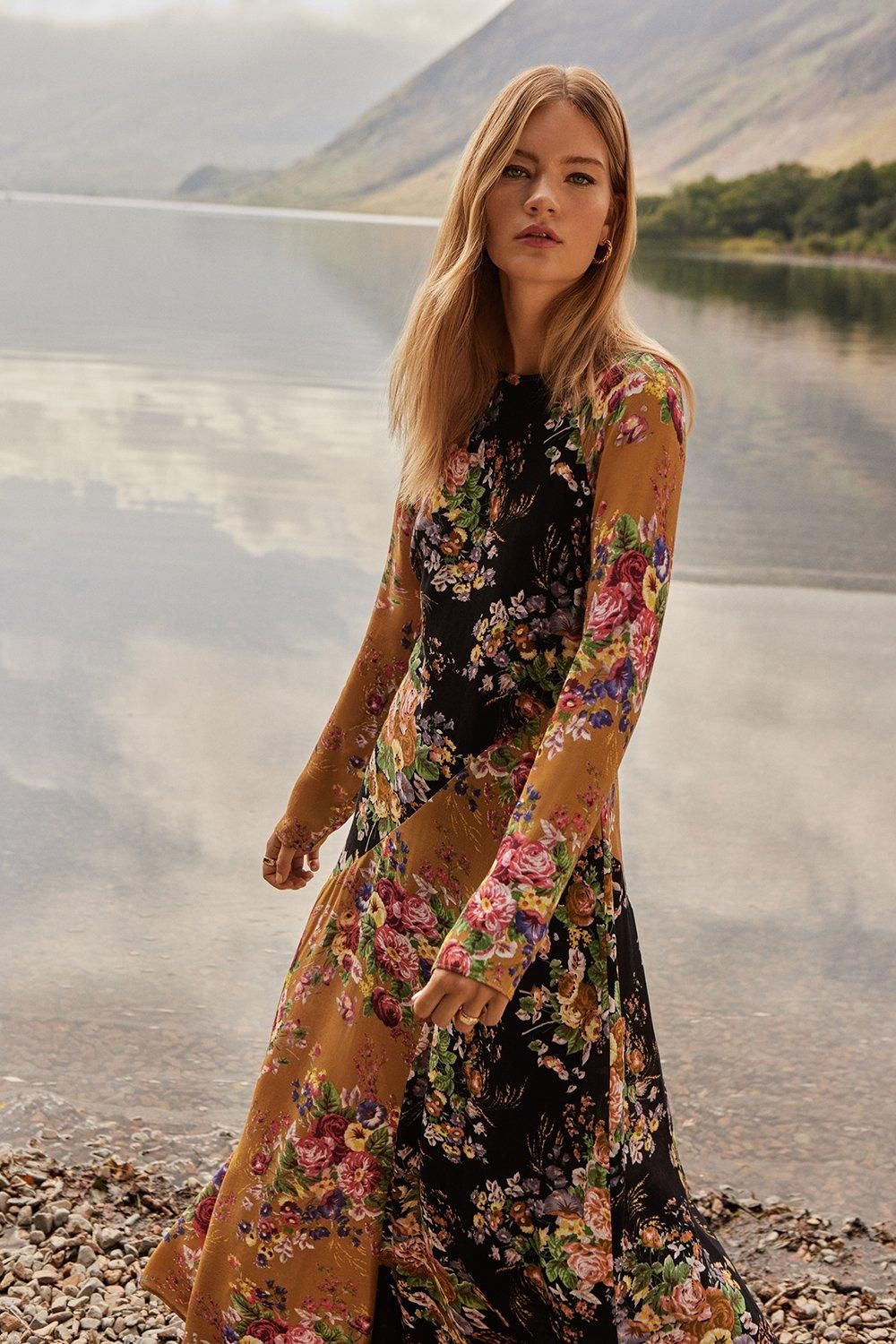 Mixed Cluster Floral Print Column Midi Dress | Oasis UK & IE 