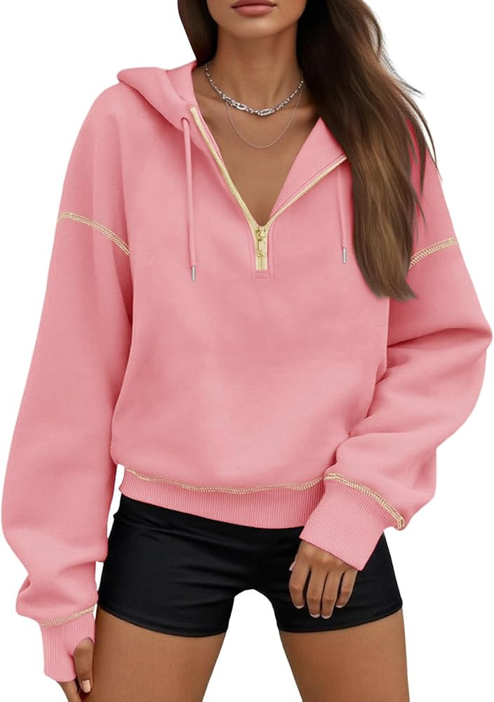 Womens Hooded Sweatshirt Half Zip Fleece Hoodies Long Sleeve Cropped Pullover Tops Fall Winter Ou... | Amazon (US)