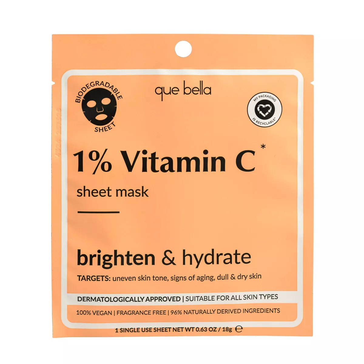 Que Bella 1% Vitamin C Sheet Mask - 0.63oz | Target
