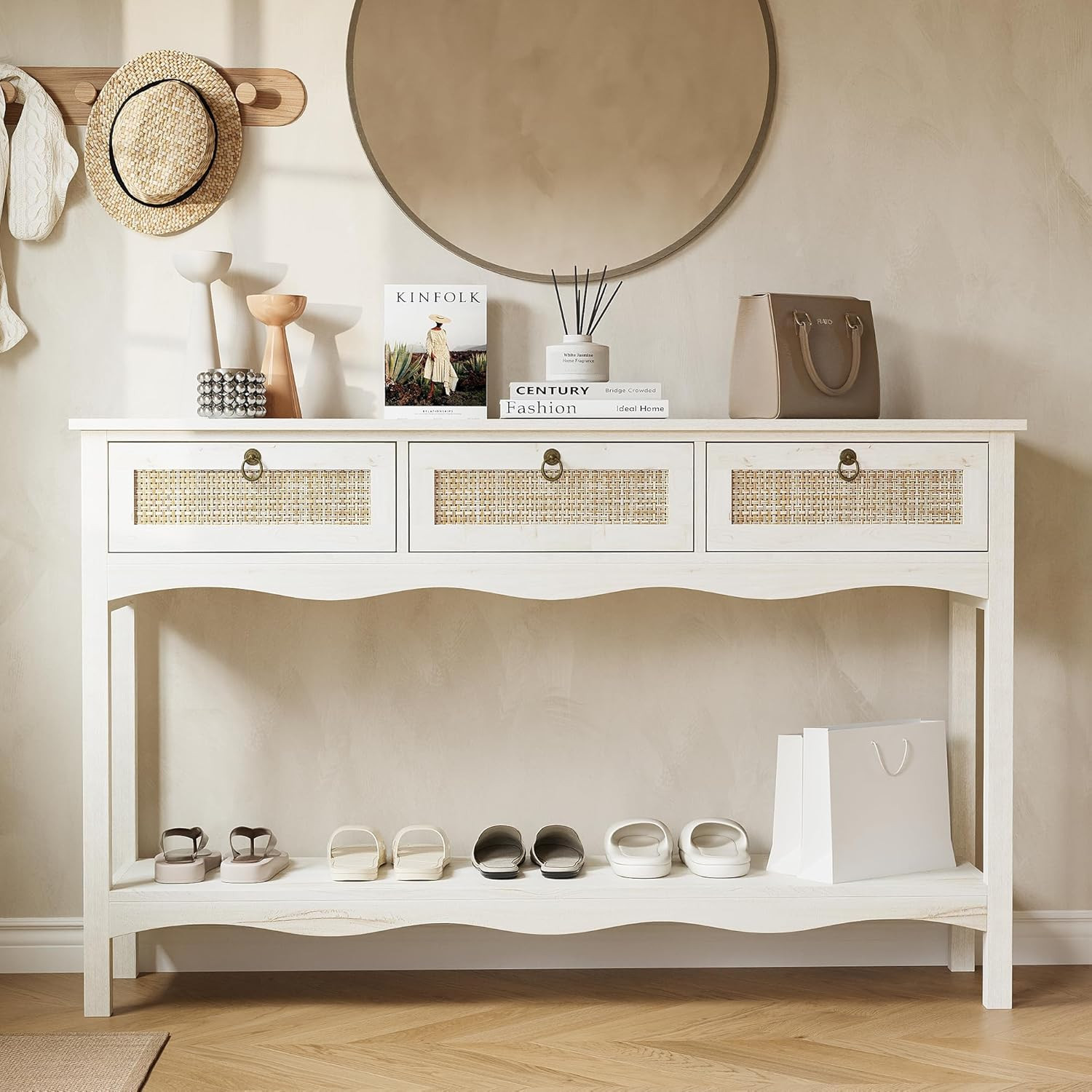 LAZZO Entryway Table 51" Narrow Console Table with Rattan Drawers,Storage Shelf and Bronze Handle... | Amazon (US)