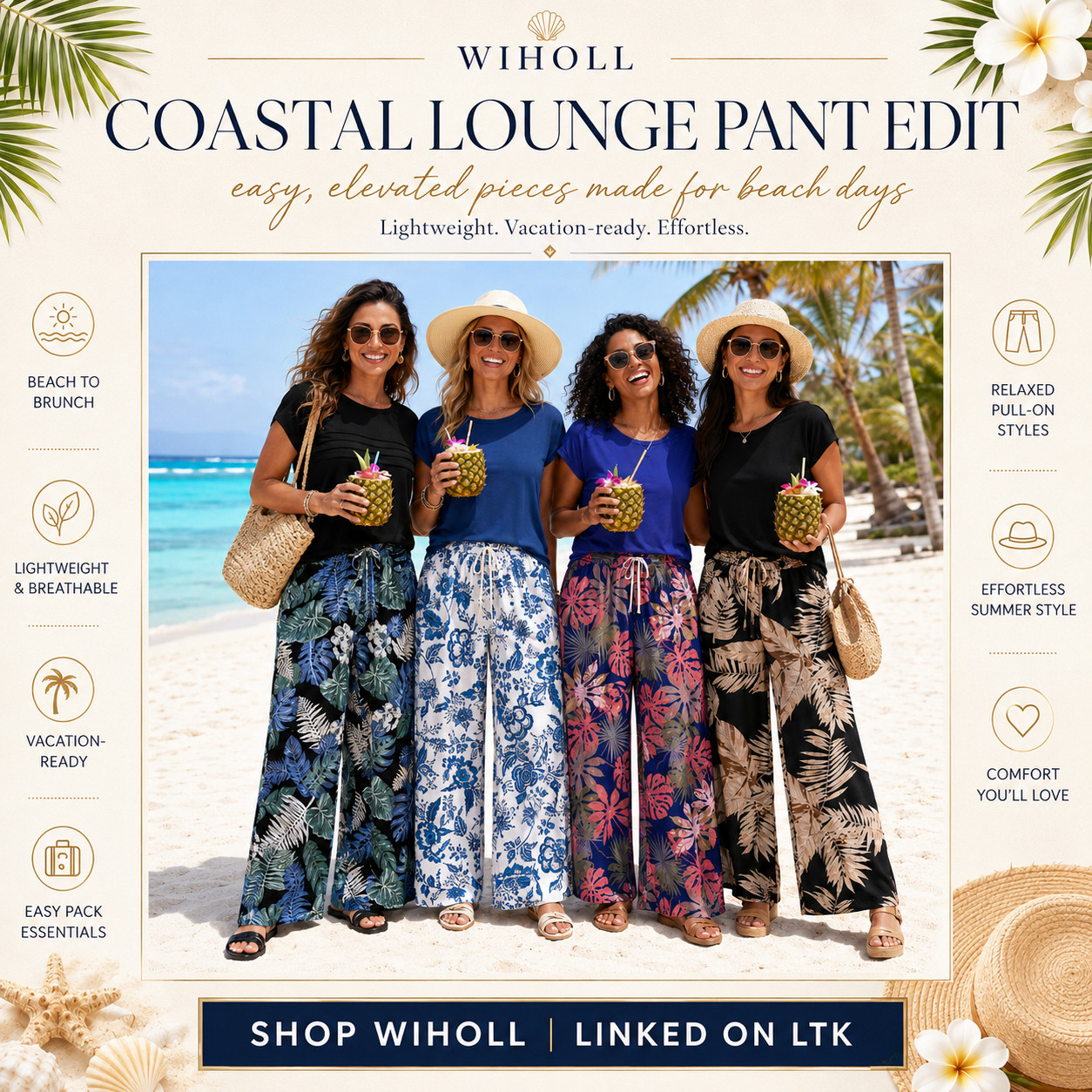 WIHOLL Summer Chic | Mix & Match Beach Loungewear | Wide Leg Pants & Shirts

Coastal lounge pants that make summer outfits feel breezy, comfortable, and instantly vacation-ready 🌴

These WIHOLL lounge pants are such good Amazon fashion finds if you want easy summer bottoms that feel lightweight, relaxed, and polished enough to wear beyond the beach.

The pull-on fit, wide leg shape, breathable feel, flowy fabric, and tropical prints are what make this edit stand out — they give that effortless resort outfit look while still being comfortable enough for real life.

What I love about these is that they feel like vacation pants, but you can actually wear them for so many plans!!

They’re perfect for beach days, resort mornings, cruise outfits, poolside lunches, vacation dinners, coffee runs, travel days, casual errands, or any summer moment when you want to look put together without wearing anything tight or fussy.

The prints make these feel so easy to style — blue florals, tropical patterns, black neutrals, navy tones, and beachy vacation prints that instantly make a simple tank or tee look more intentional.

Pair them with a white tank, black tee, fitted sleeveless top, swimsuit, sandals, raffia tote, straw hat, sunglasses, or simple gold jewelry for that relaxed beach-to-brunch outfit that still looks elevated.

I did the digging for you — if you’ve been wanting cute Amazon lounge pants, WIHOLL vacation outfits, wide leg beach pants, pull-on resort pants, tropical print pants, beach-to-brunch outfits, or comfy summer pants that still look styled, these are the pieces I’d check first before prints and sizes start moving!!

📌 SAVE this for summer vacations, beach dinners, and easy Amazon outfit ideas.

↓ Everything is linked!

#LTKActive #LTKSaleAlert #LTKTravel