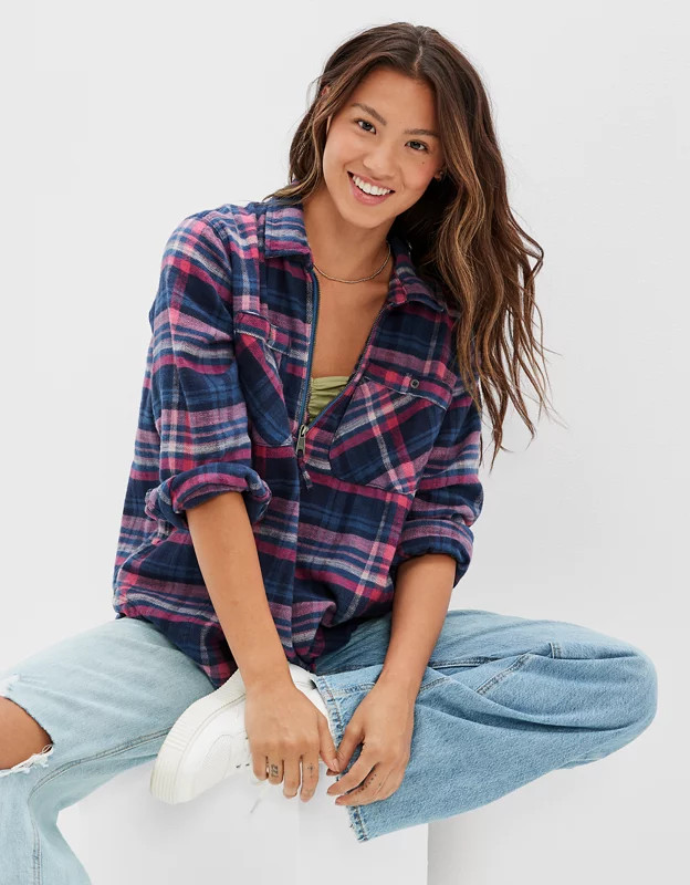 AE Oversized Quarter Zip Flannel Shirt | American Eagle Outfitters (US & CA)