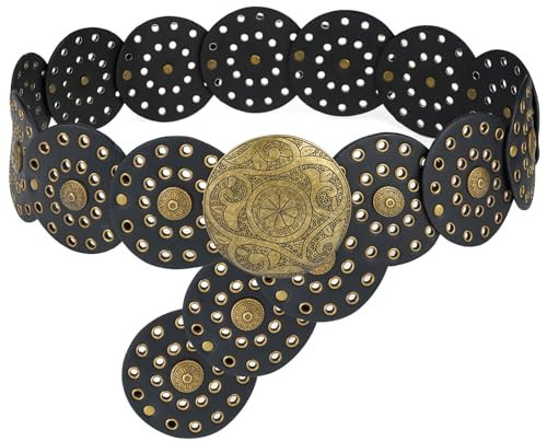 LIMHOO Wide Disc Belt for Women Leather Hollow Out Round Belt Boho Western Waist Belt (A Black-L) | Amazon (US)