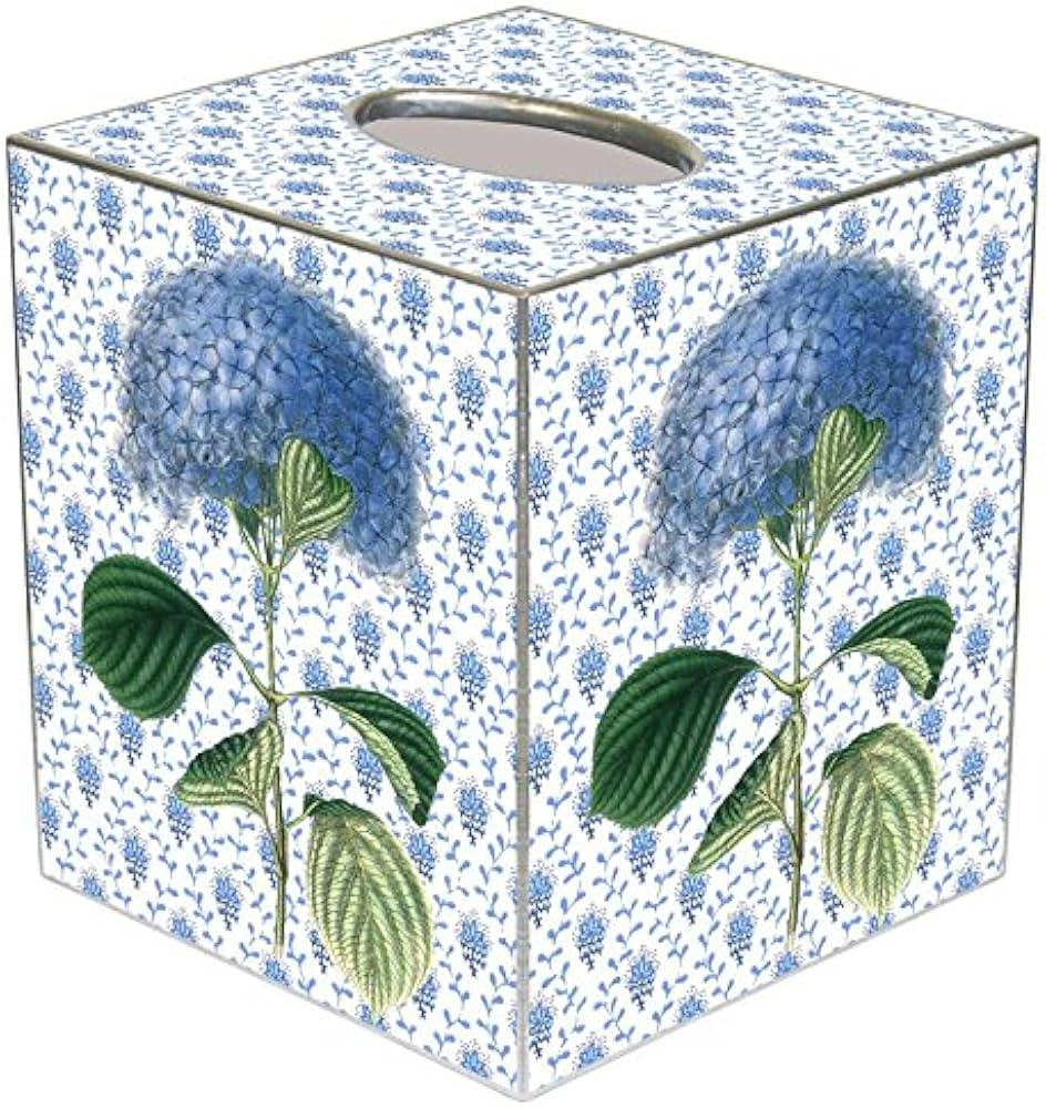 Marye-Kelley Blue Hydrangea on Blue Provincial Print Paper Mache Tissue Box Cover, White and Blue | Amazon (US)