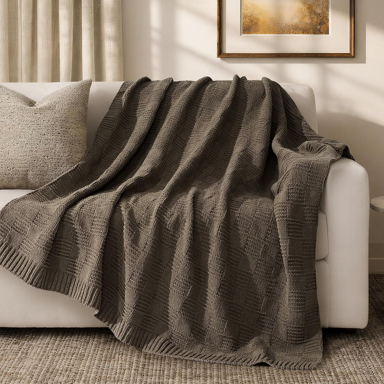Modern Checkered Chenille Throw Blanket, Soft Cozy Plaid Knitted Chair Blanket for Sofa Couch, Decorative Knit Throw for Bed and Living Room, Mocha Brown, 50" x 60" | Amazon (US)