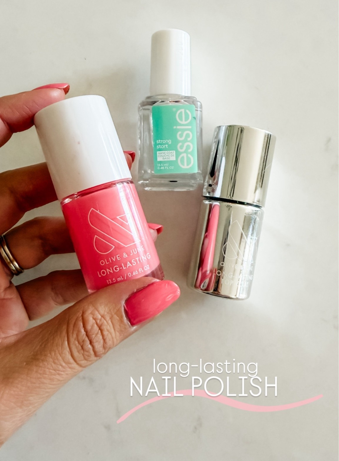 My go to regular polish for long lasting nails that are strong and hardly chip! 

Start with Essie Strong start, then use olive & June long lasting polish, and finish with Olive & June long lasting topcoat.

Optional: a drop of dry drops on each nail to quick dry.