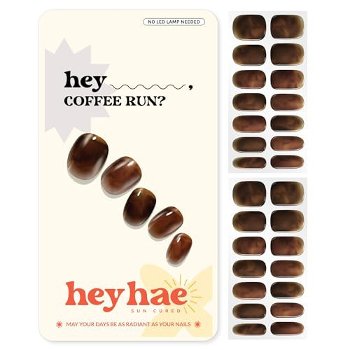 Heyhae Semi Cured Gel Nail Strips | No LED Lamp Needed | Marble, Brown | Easy Apply & Remove, Salon Quality | Includes 28 Strips, 1 Prep Pads, Nail File & Wooden stick - Hey, Coffee Run? | Amazon (US)